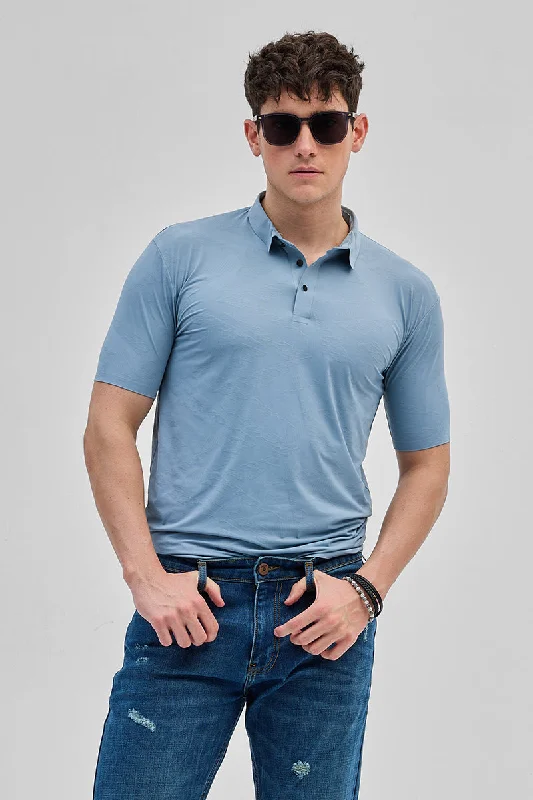 Blue Textured Stitchless Polo T-Shirt