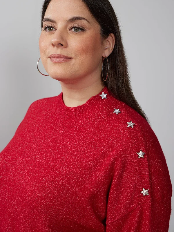 Plus Mock Neck Star Embellished Sweater