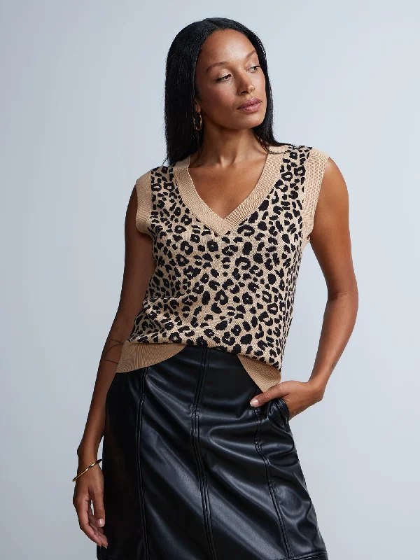 Sleeveless V-Neck Leopard Print Sweater