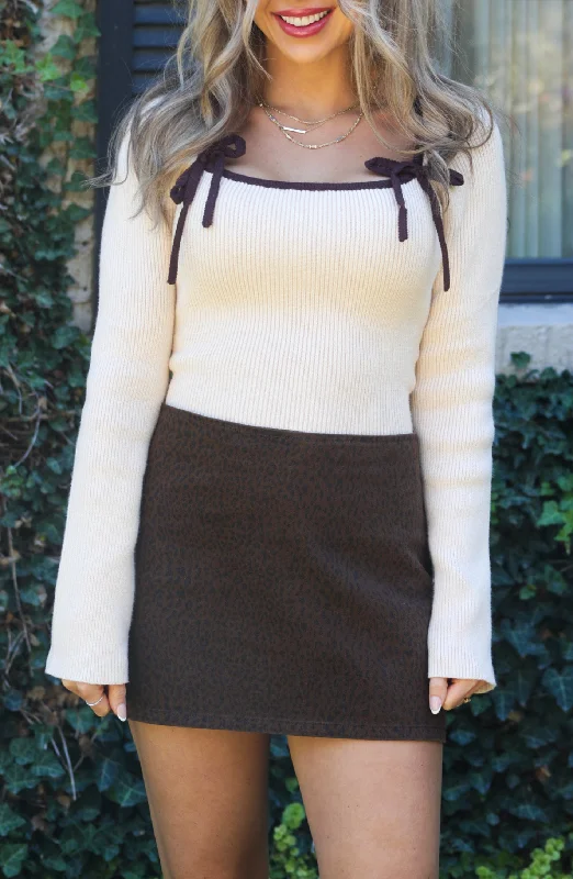 Walk My Way Cream With Brown Bow Sweater Top