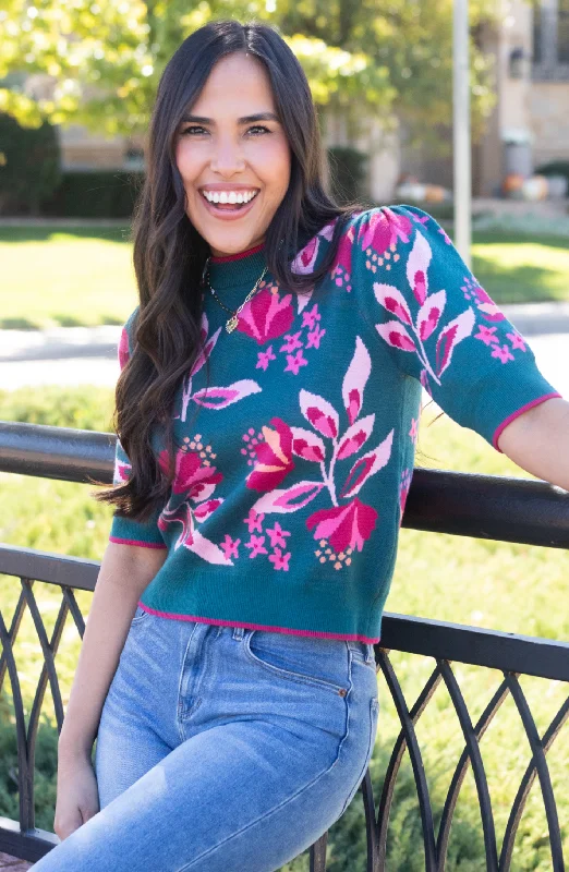 What A Vision Teal Floral Sweater Top