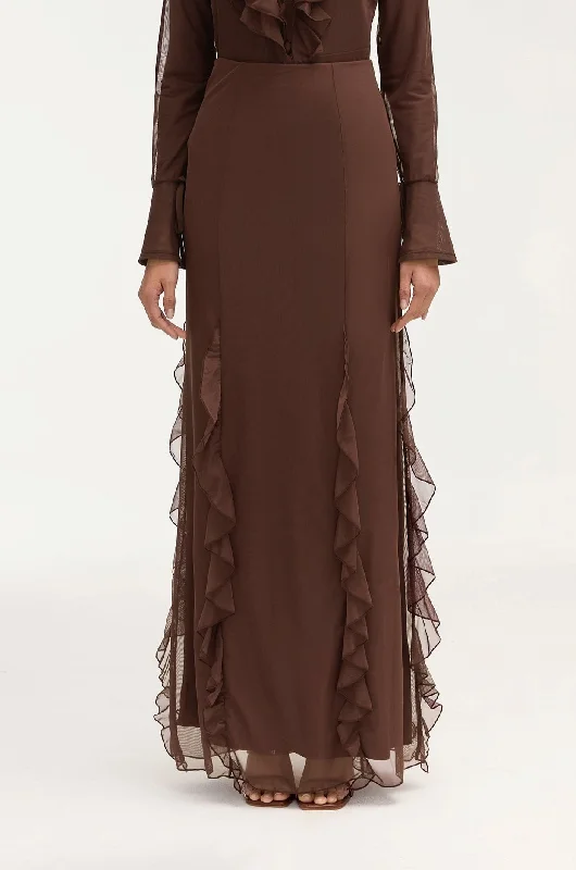 Adriana Waterfall Mesh Maxi Skirt - Brown