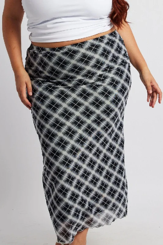 Black Check Plaid Mesh Bodycon Midi Skirt