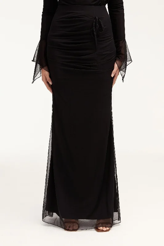 Capri Rouched Mesh Maxi Skirt - Black