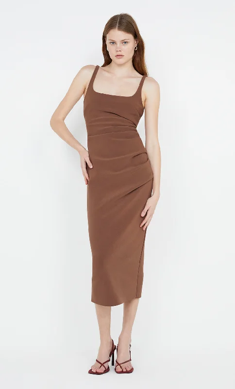 KARINA TUCK MIDI DRESS - CHOCOLATE