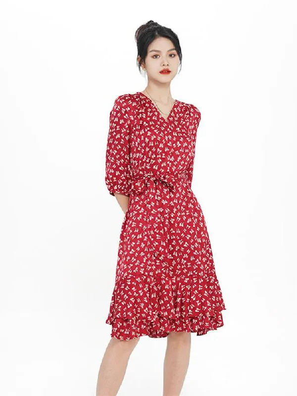 V-neck Floral Bowknot Midi Dress