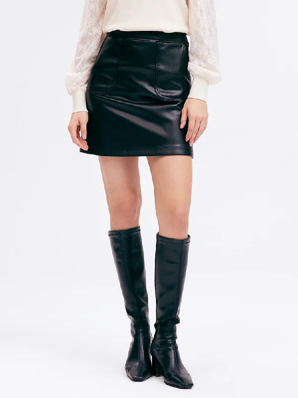 Black A-Line Leather Mini Women Skirt