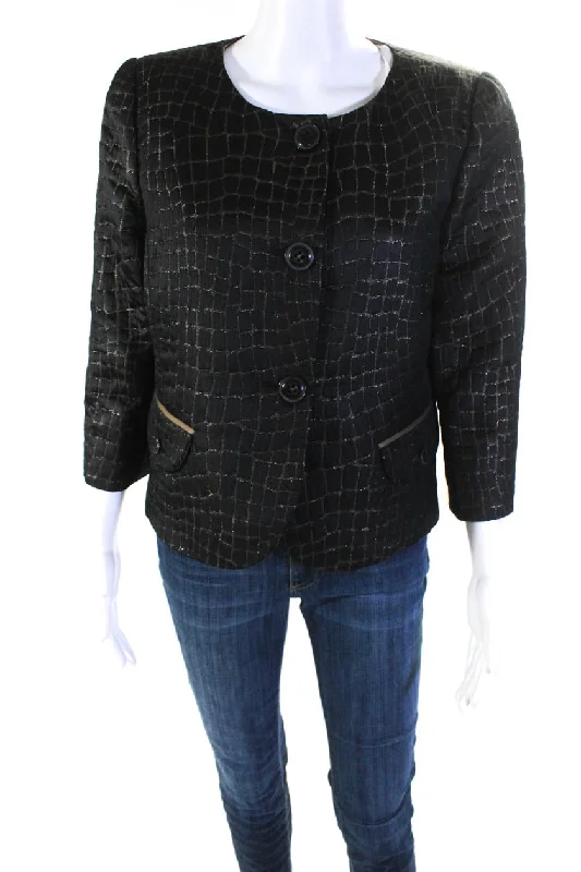 Armani Collezioni Womens Button Front Metallic Croc Printed Jacket Black