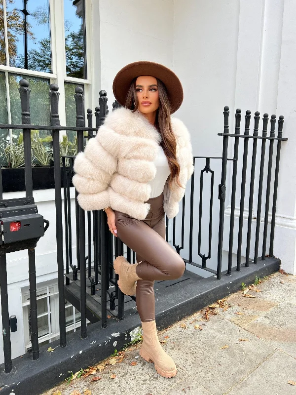 Beige Luxury Fur 5 Row Cropped Sleeve Jacket