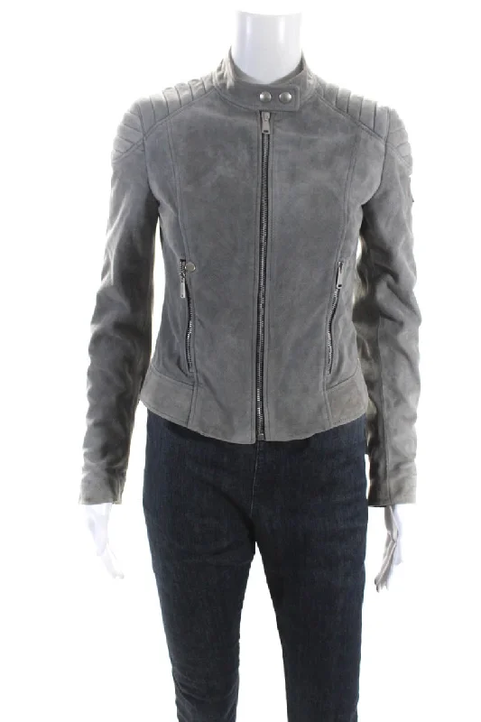 Belstaff Womens Leather Zipped Button Long Sleeve Mock Neck Jacket Gray