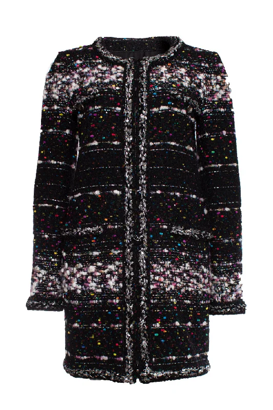 black boucle coat with multi-colored weave