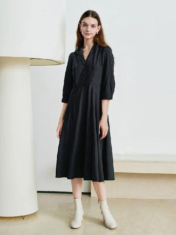 Black Worsted Woolen Lapel Maxi Dress