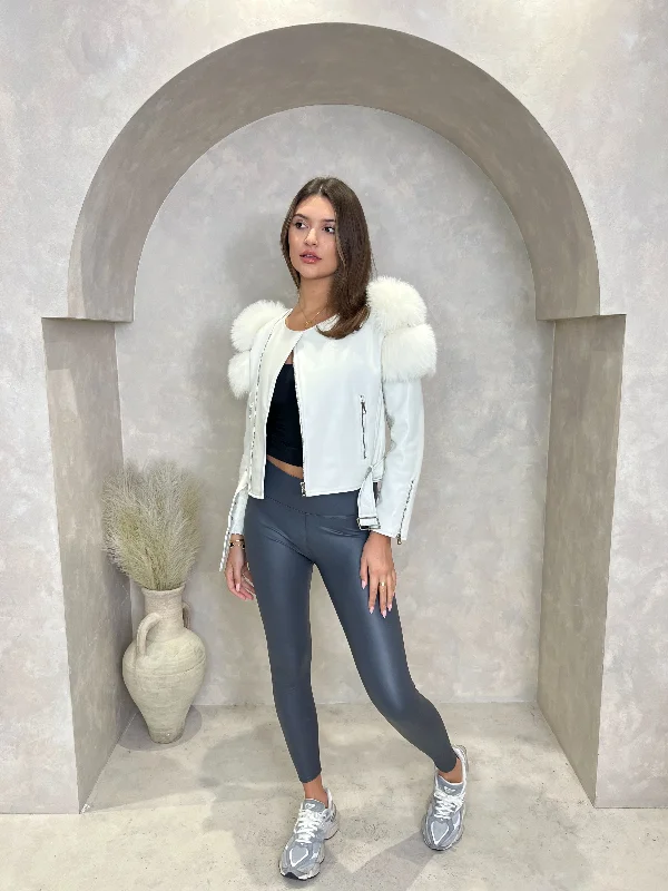 Cream Collarless Luxury Fur Biker Jacket