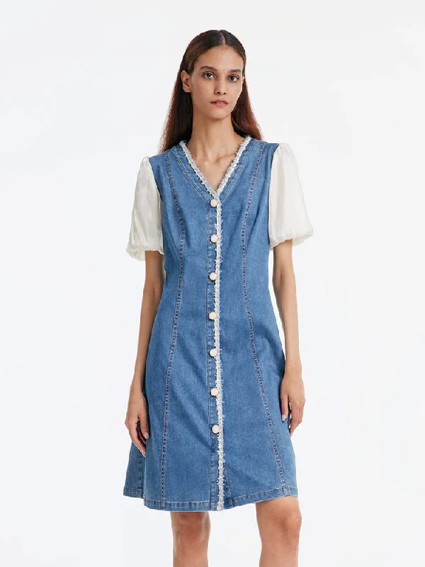 Denim Patchwork V-Neck Midi Dress