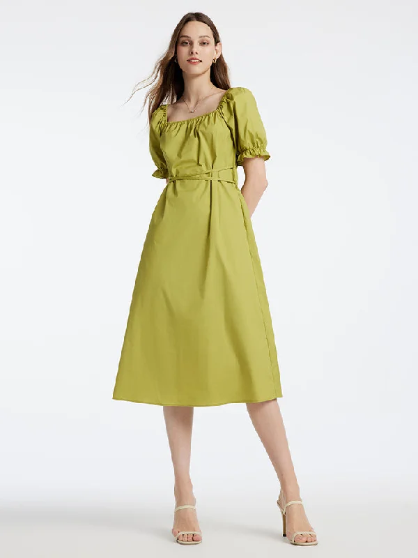 Green Puff Sleeve Square Neck Gathered Waist Midi Dress