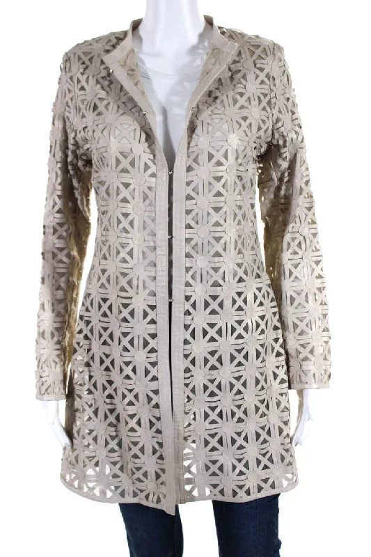 In Transit Womens Metallic Laser Cut Leather Mesh Hook & Eye Jacket Beige Medium