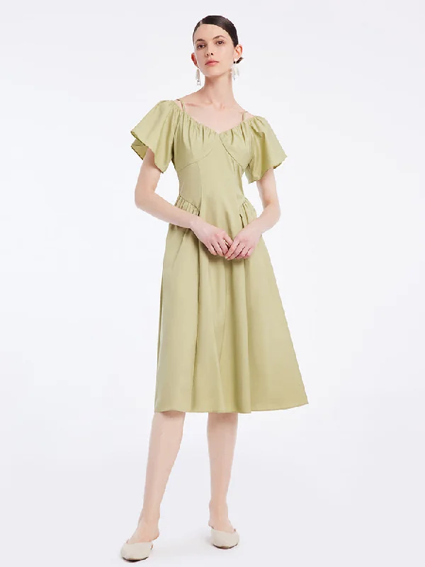 Matcha Green Spaghetti Strap And Off Shoulder Midi Dress