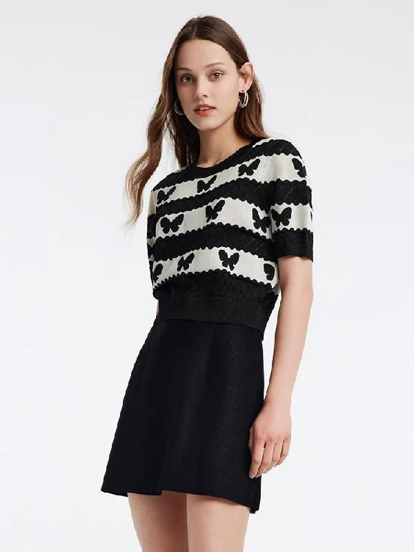 Round Neck Jacquard Knit Top And Women Skirt Two-Piece Set