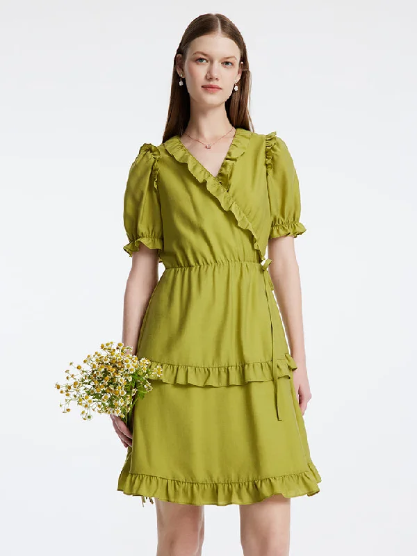 Green One-piece Ruffle V-Neck Mini Dress