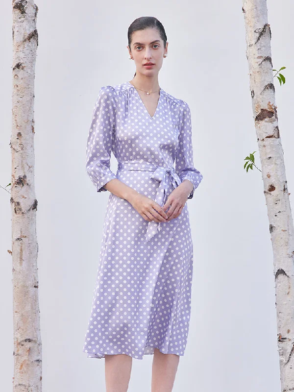 Purple Polka Dots Mulberry Silk Midi Dress