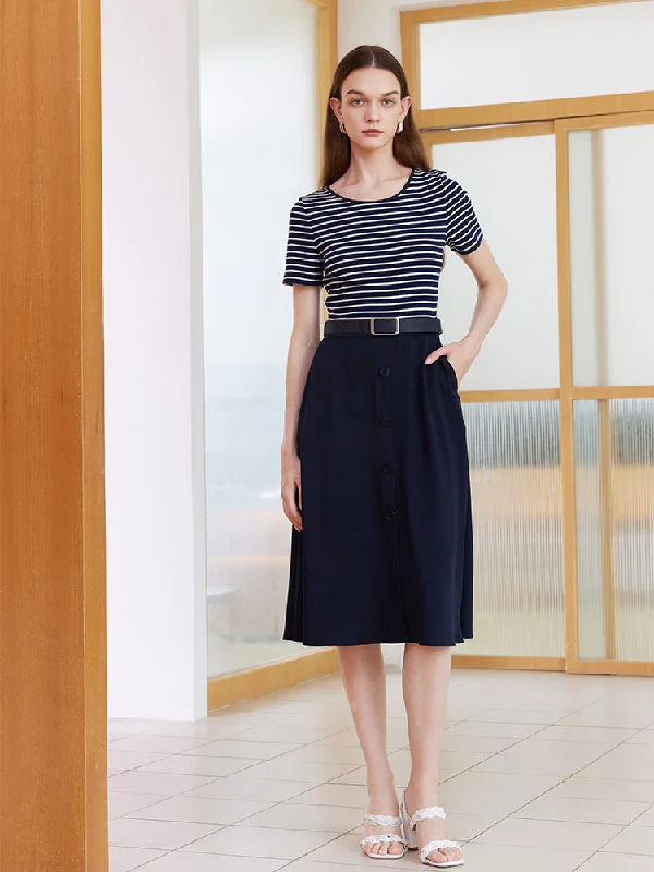 Stripe Patchwork Midi Dress With Belt