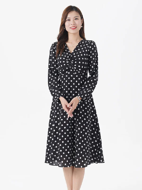 V-Neck Silk Polka Dot Midi Dress